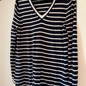 Talbots Navy and White Striped V-Neck Sweater